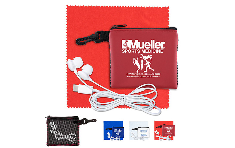 Mobile Tech Earbud Kit in Mesh Zipper Pouch Components inserted into Zipper Pouch